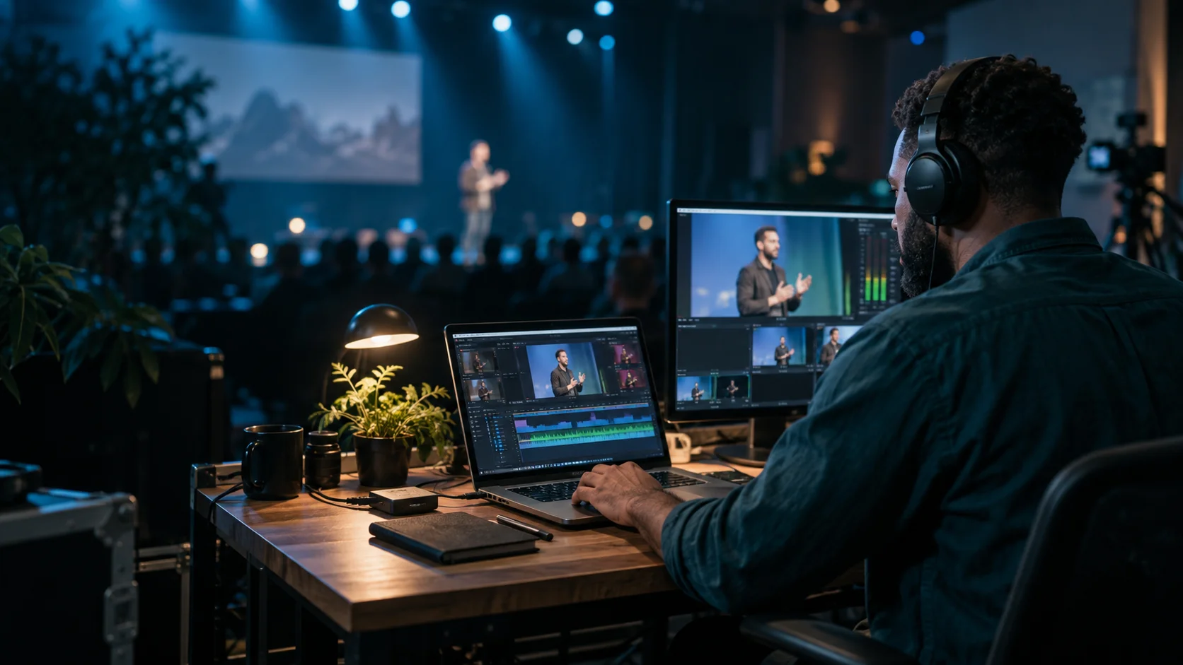 A video producer preparing a live show